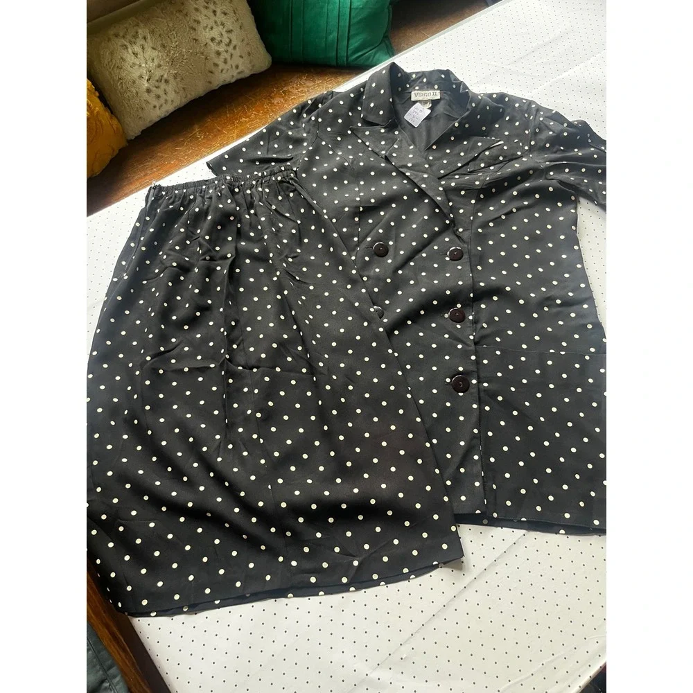 Vintage Virgo 2 Piece Skirt Suit Set Black Polka Dot Short Sleeve Blazer Sz 10